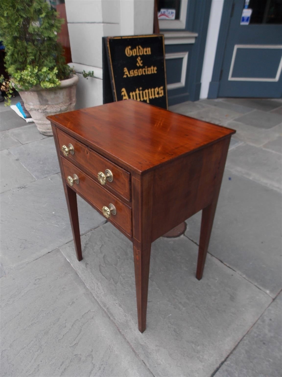 American Colonial Charleston Mahogany Inlaid Two-Drawer Side Table, Circa 1800