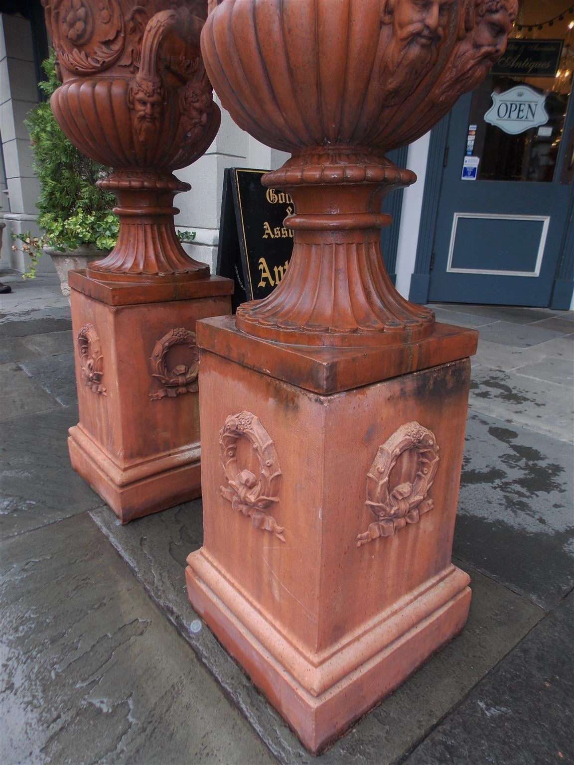 Pair of Italian Terracotta Floral Urns on Raised Plinths, Circa 1840 For Sale 5