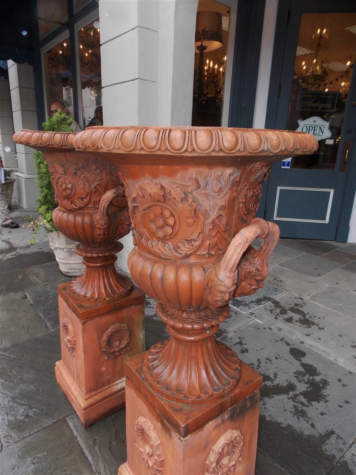Pair of Italian Terracotta Floral Urns on Raised Plinths, Circa 1840 For Sale 1