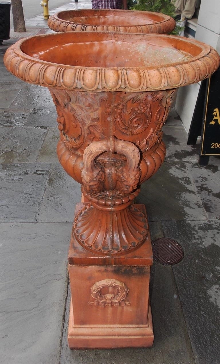 Pair of Italian Terracotta Floral Urns on Raised Plinths, Circa 1840 For Sale 3
