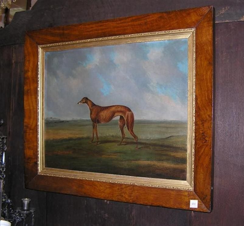 English Oil on canvas Whippet landscape painting in the original gilt burl walnut  frame. Early 19th Century