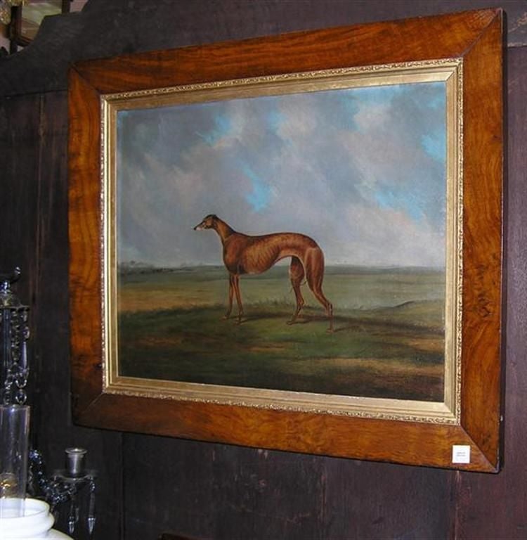 George III English Oil on Canvas Whippet Painting in Original Burl Walnut Gilt Frame C 1820 For Sale