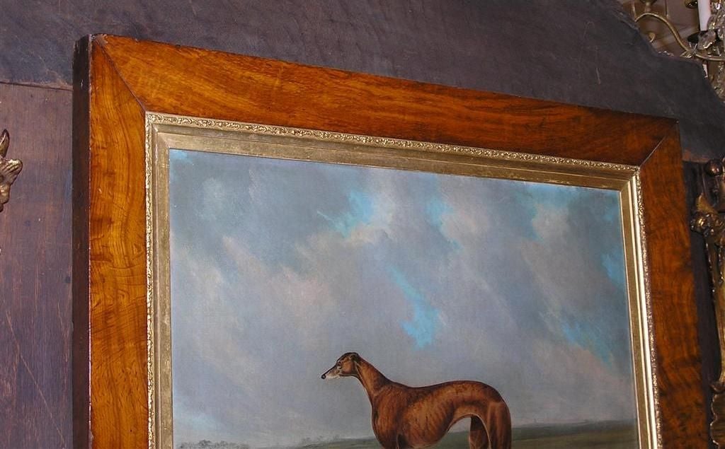 English Oil on Canvas Whippet Painting in Original Burl Walnut Gilt Frame C 1820 In Excellent Condition For Sale In Hollywood, SC
