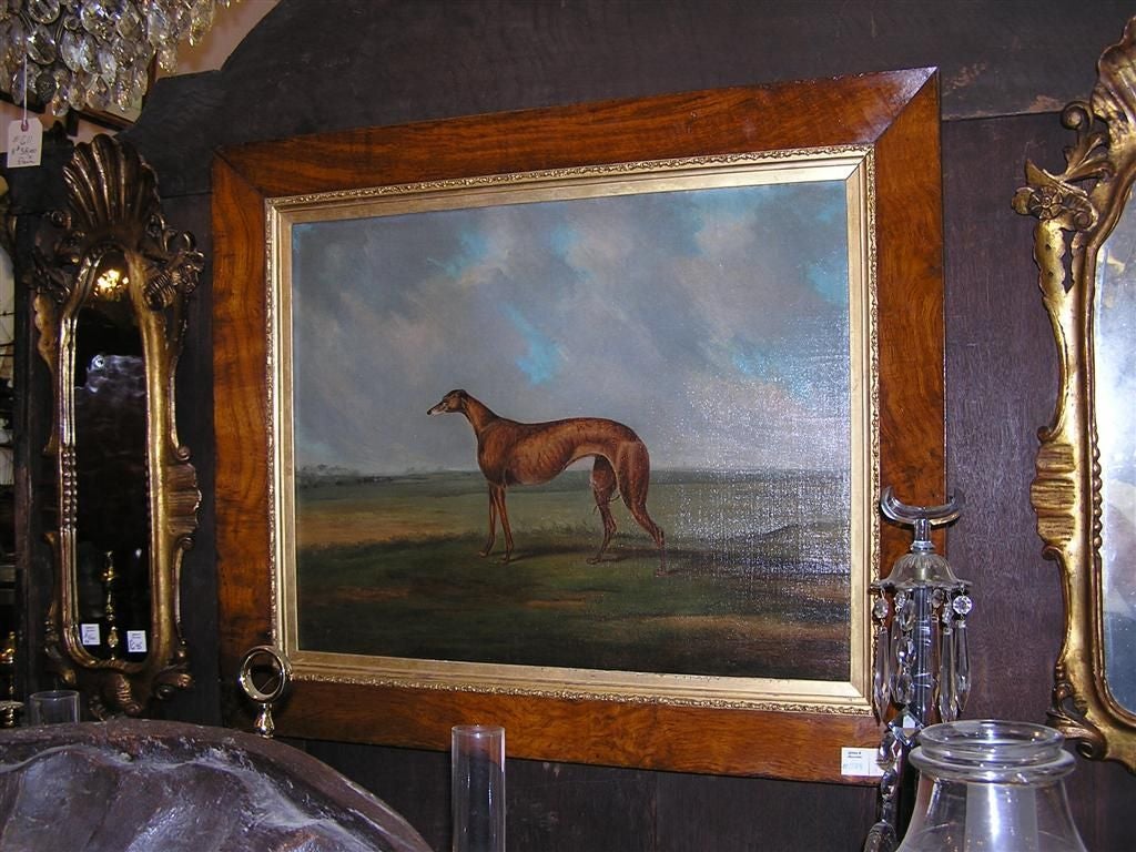 English Oil on Canvas Whippet Painting in Original Burl Walnut Gilt Frame C 1820 For Sale 2