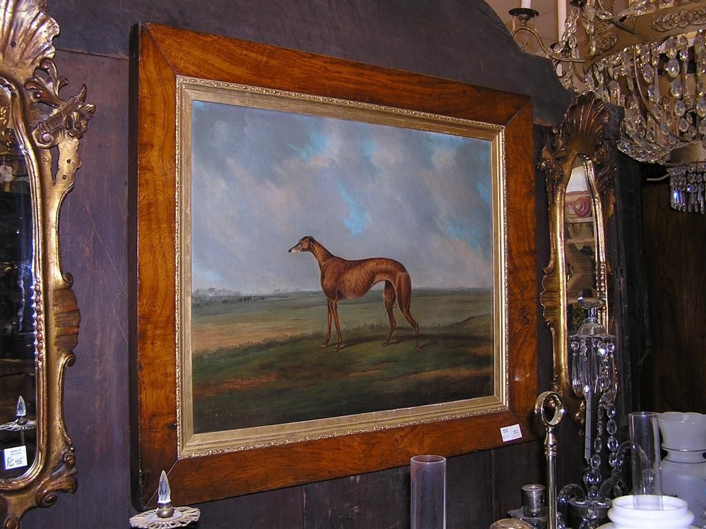 English Oil on Canvas Whippet Painting in Original Burl Walnut Gilt Frame C 1820 For Sale 3