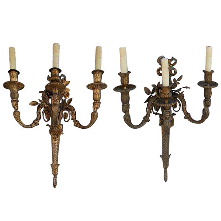 Pair of French Gilt Bronze Three Arm Sconces For Sale