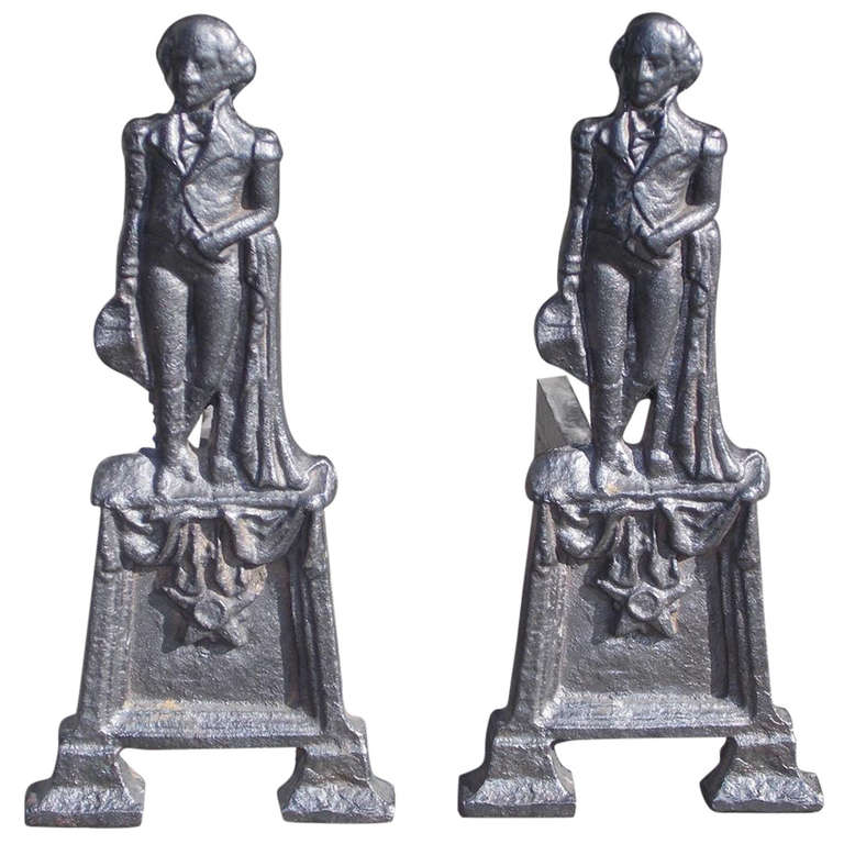 Pair of American Cast Iron Washington Andirons. Circa 1850