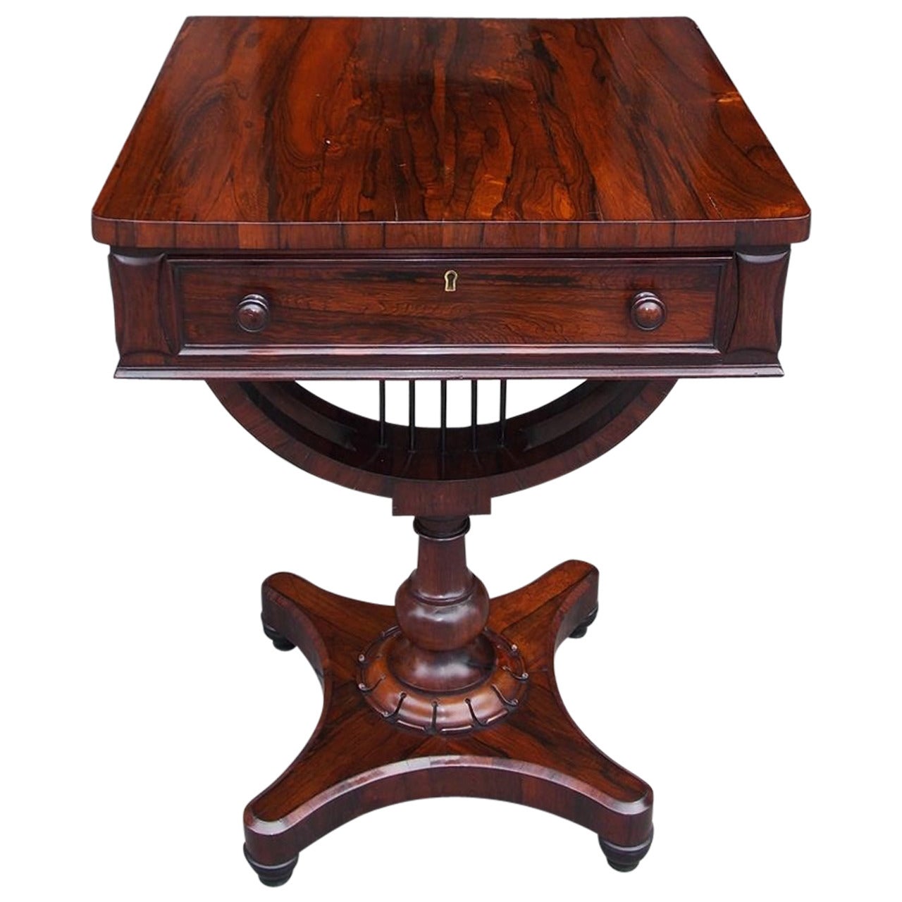 English Classical Zebra Wood Pedestal Table with Interior Desk. Circa 1830