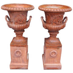 Pair of Italian Terracotta Floral Urns on Raised Plinths, Circa 1840 6