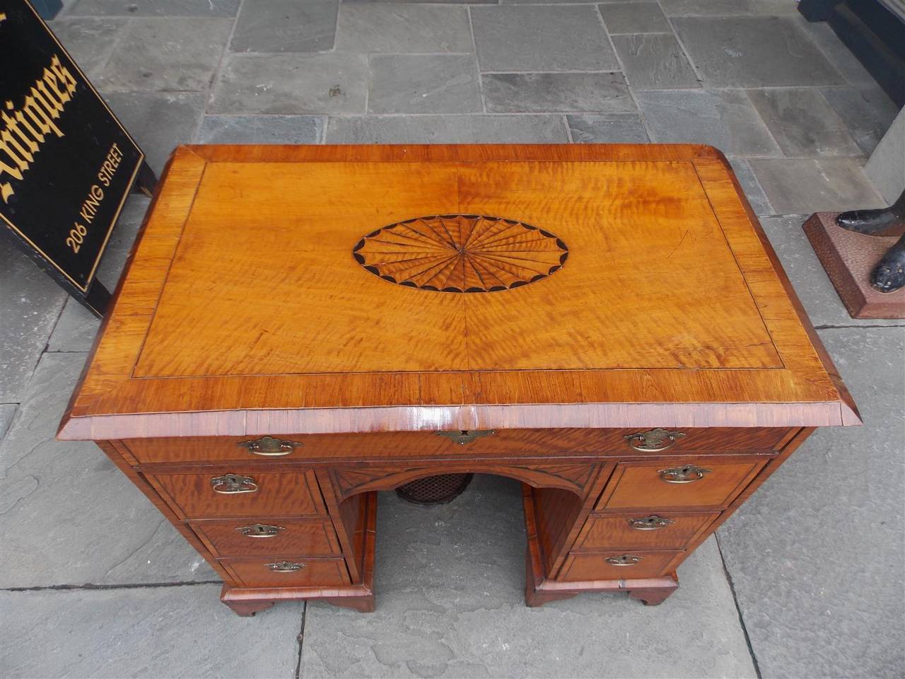 George II English Satinwood and Patera Inlaid Knee Hole Desk.  Circa 1780 For Sale