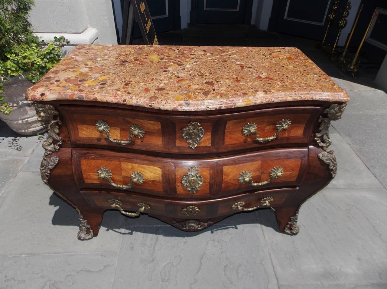 Neoclassical Pair of Italian Marble Top Ormolu Bombay Commodes, Circa 1870 For Sale