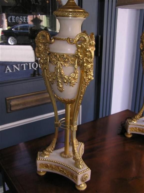 Gilt Pair of French Cassolettes Marble and Ormolu Bronze Table Lamps.  Circa 1810 For Sale