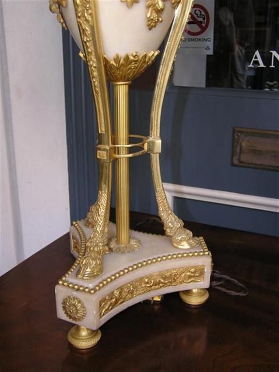 Silk Pair of French Cassolettes Marble and Ormolu Bronze Table Lamps.  Circa 1810 For Sale