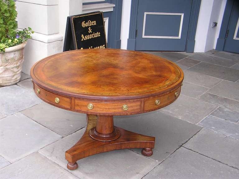 British Colonial Barbados Mahogany Leather Top Rent Table with Sand Box Feet on Casters, C. 1810 For Sale
