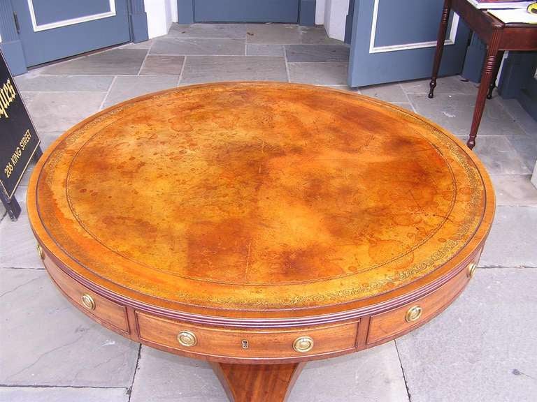 Hand-Carved Barbados Mahogany Leather Top Rent Table with Sand Box Feet on Casters, C. 1810 For Sale