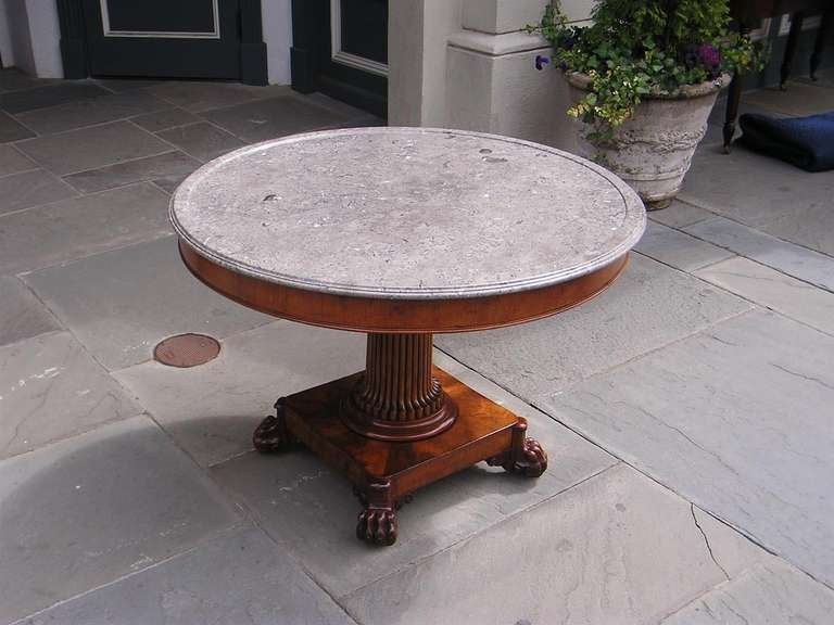 Louis XVI French Mahogany Marble Top Pedestal Table With Original Brass Casters. C. 1800 For Sale