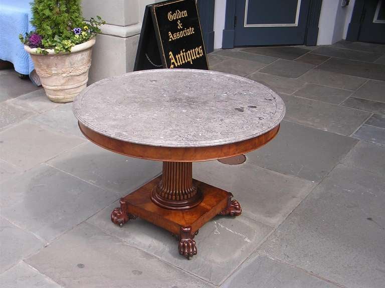 Hand-Carved French Mahogany Marble Top Pedestal Table With Original Brass Casters. C. 1800 For Sale