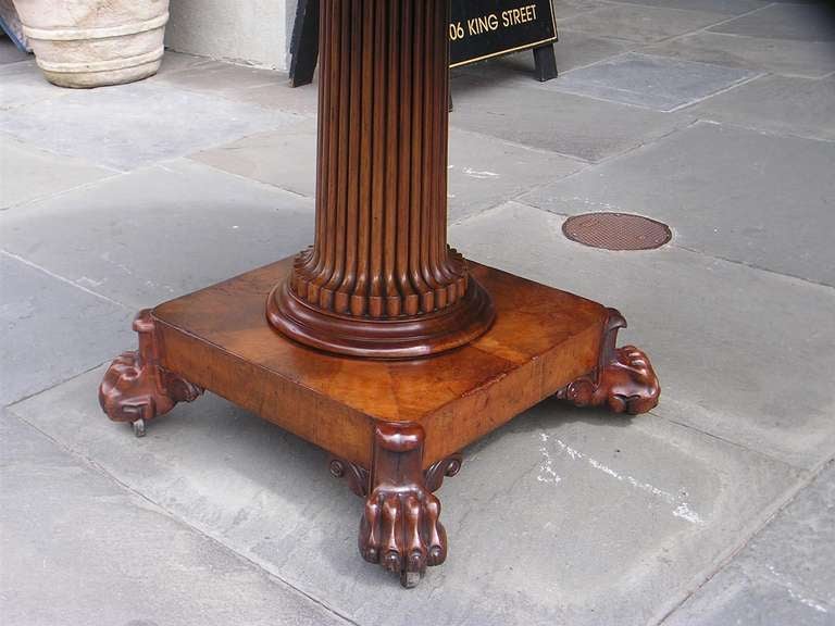 Early 19th Century French Mahogany Marble Top Pedestal Table With Original Brass Casters. C. 1800 For Sale