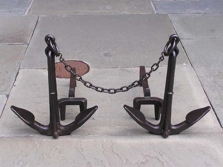 Pair of American Cast Iron Anchor Andirons