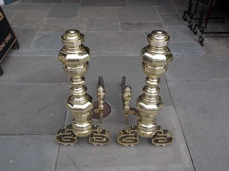 Pair of American Brass Monumental Empire Andirons In Excellent Condition For Sale In Hollywood, SC