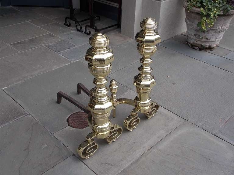 19th Century Pair of American Brass Monumental Empire Andirons For Sale