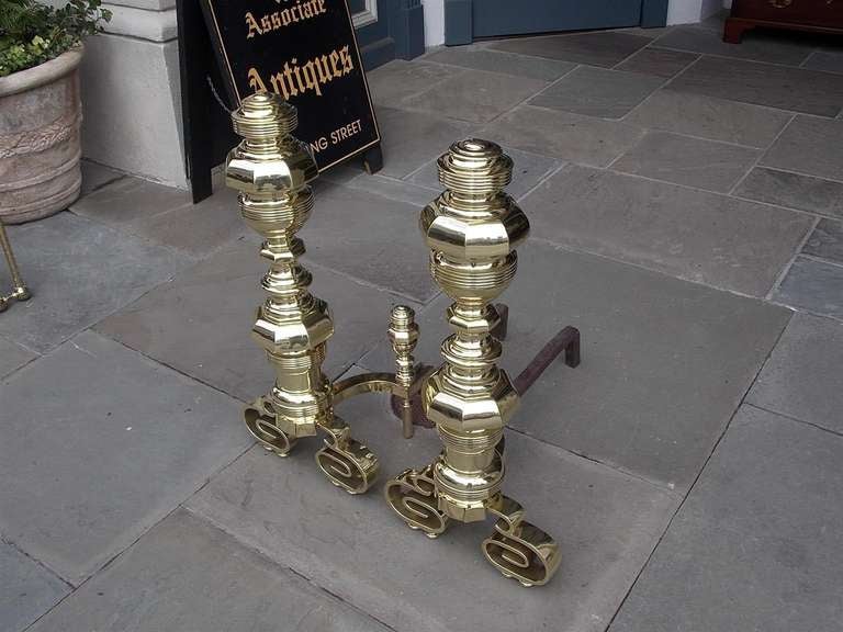 Pair of American Brass Monumental Empire Andirons For Sale 1