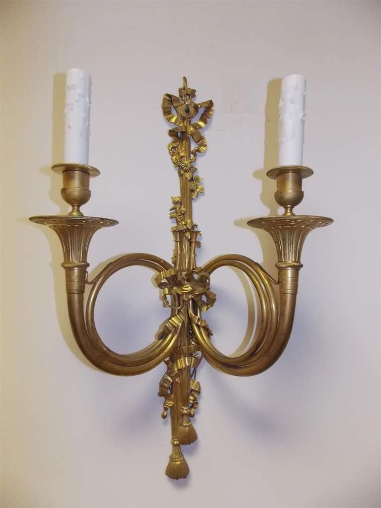 19th Century Pair of French Horn Gilt Bronze Two-Arm Sconces, Circa 1830 For Sale