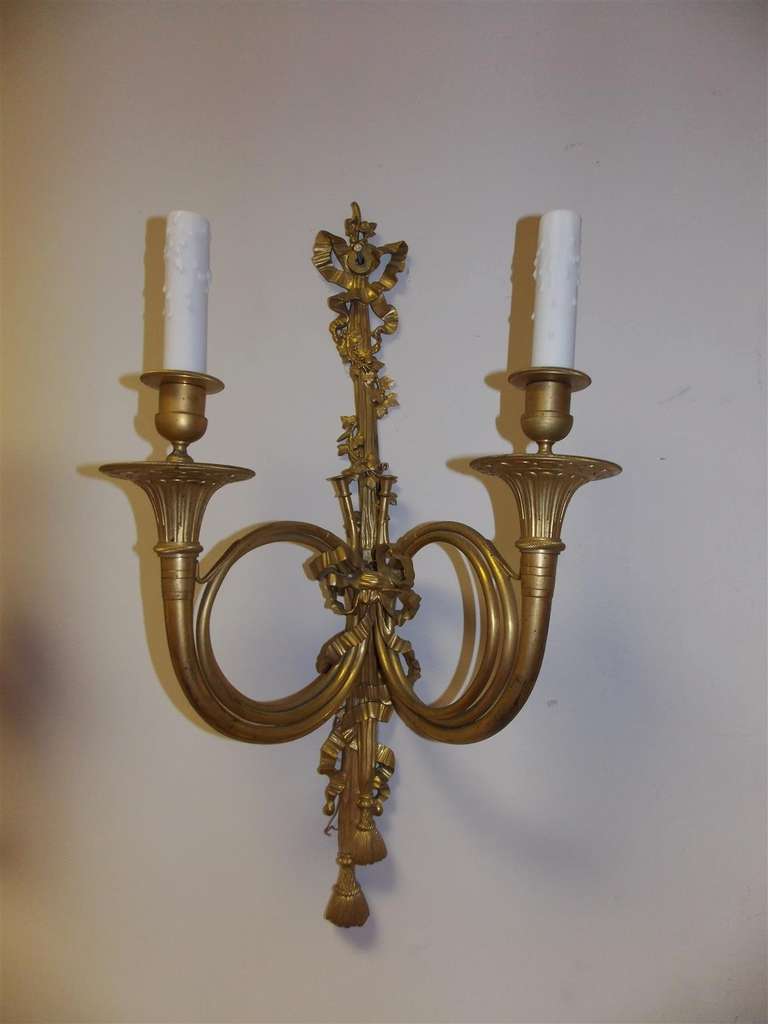 Pair of French Horn Gilt Bronze Two-Arm Sconces, Circa 1830 For Sale 1
