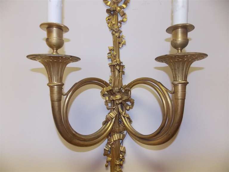 Pair of French Horn Gilt Bronze Two-Arm Sconces, Circa 1830 For Sale 3
