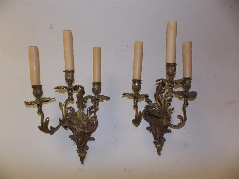 Set of Four French Gilt Bronze Three Arm Sconces, Circa 1820 In Excellent Condition For Sale In Hollywood, SC