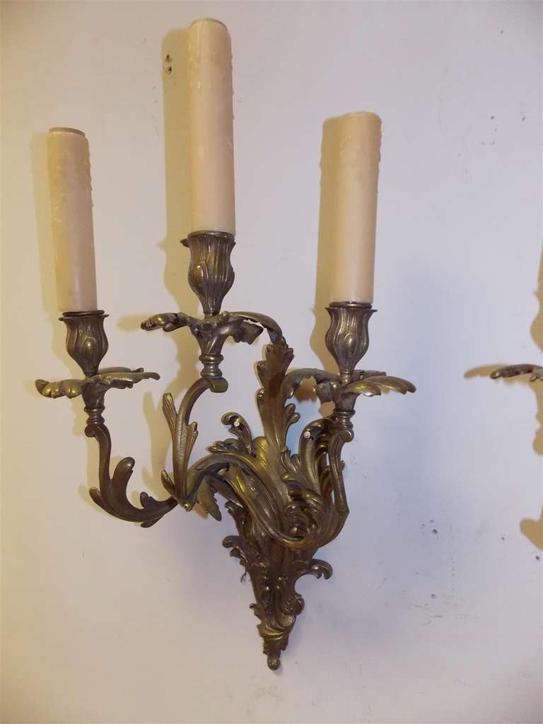 19th Century Set of Four French Gilt Bronze Three Arm Sconces, Circa 1820 For Sale