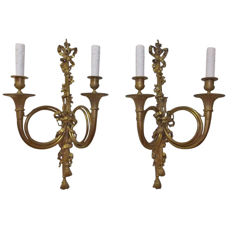 Pair of French Horn Gilt Bronze Two-Arm Sconces, Circa 1830