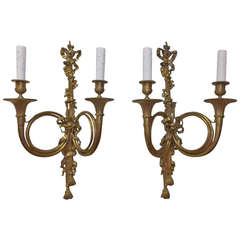 Pair of French Horn Gilt Bronze Two-Arm Sconces, Circa 1830 4