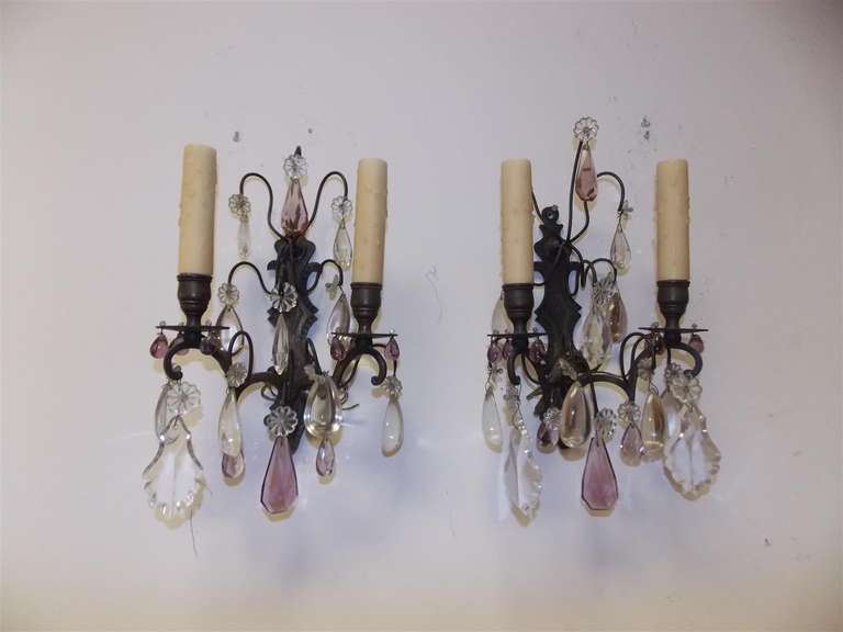 Pair of French Bronze and Crystal Two Arm Sconces, Circa 1860