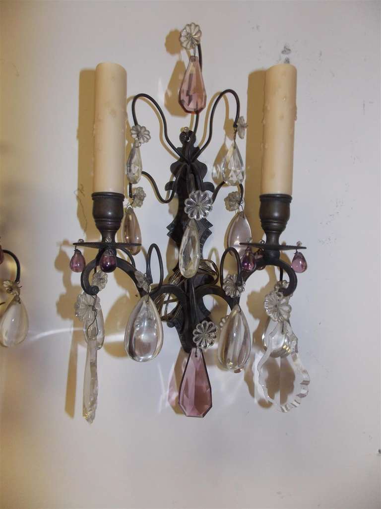 19th Century Pair of French Bronze and Crystal Two Arm Sconces, Circa 1860