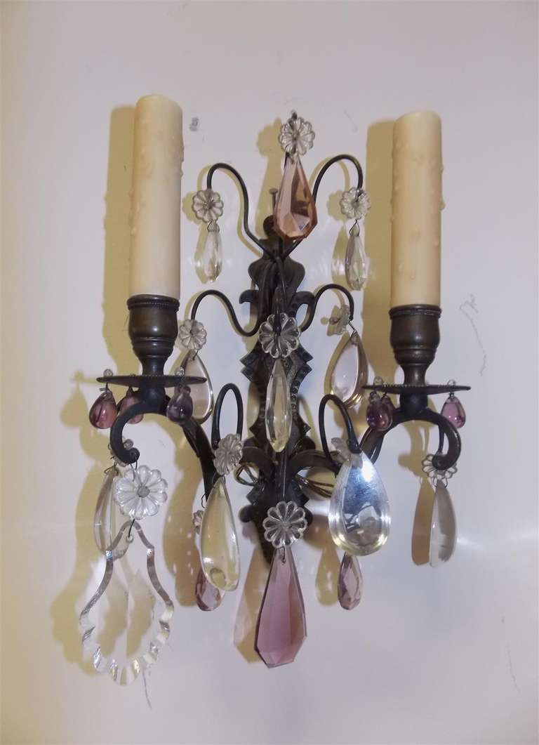 Pair of French Bronze and Crystal Two Arm Sconces, Circa 1860 1