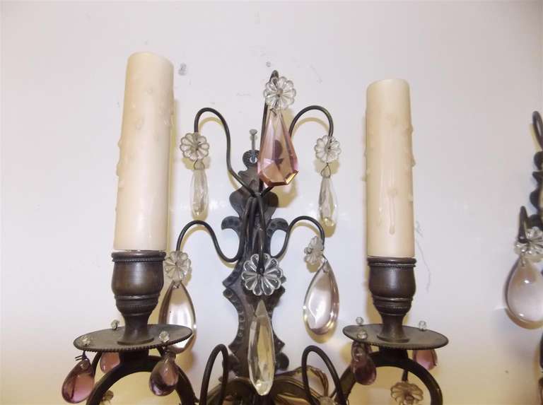 Pair of French Bronze and Crystal Two Arm Sconces, Circa 1860 3