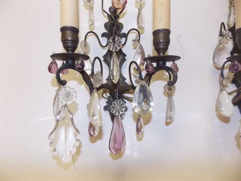 Pair of French Bronze and Crystal Two Arm Sconces, Circa 1860 4