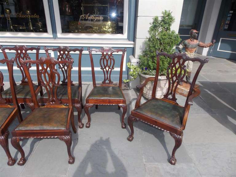 Eight English Chippendale Mahogany Dining Chairs with Ball & Claw Feet, C. 1820 For Sale 1
