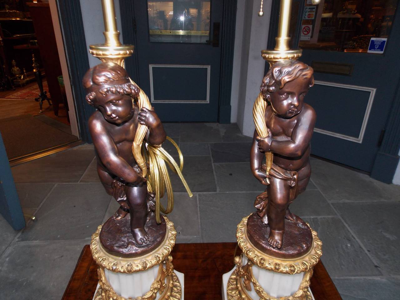 Pair of French Bronze and Marble Cherub Table Lamps, Circa 1820 For Sale 1