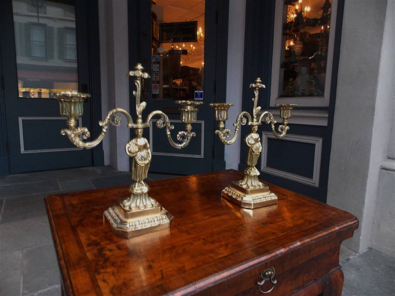 Louis XV Pair of French Brass Figural and Floral Candlesticks, Circa 1770 For Sale