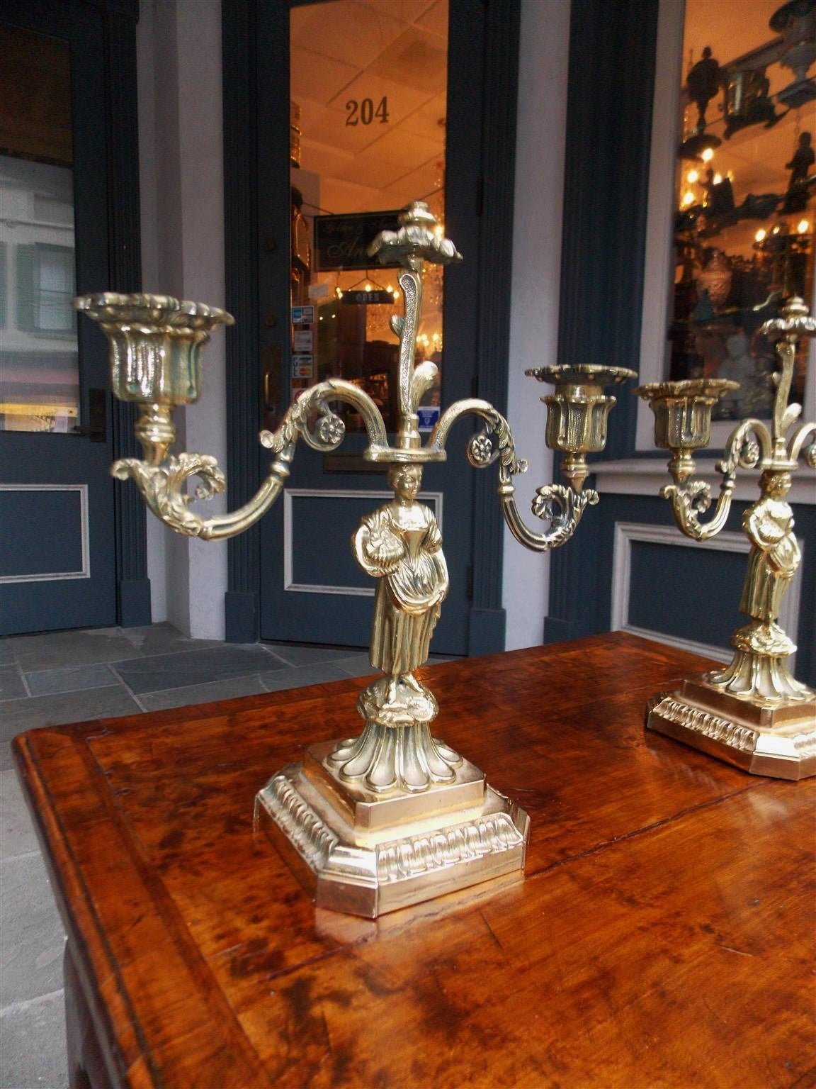 Pair of French Brass Figural and Floral Candlesticks, Circa 1770 In Excellent Condition For Sale In Hollywood, SC