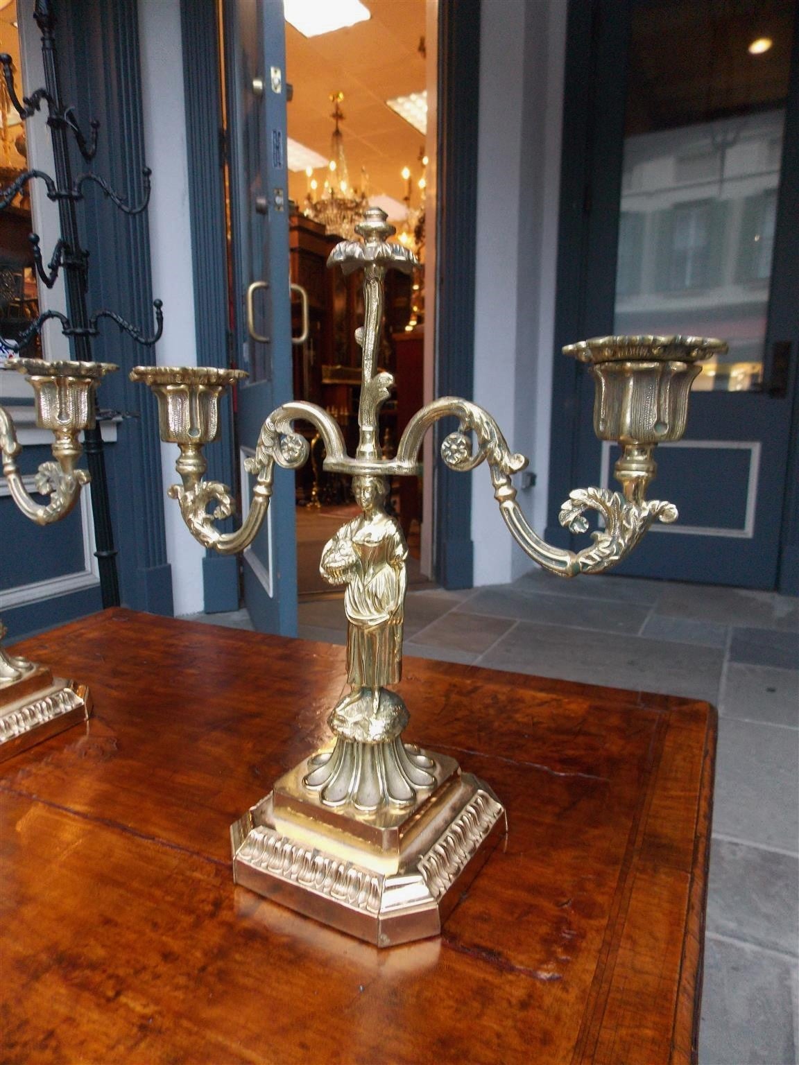 Late 18th Century Pair of French Brass Figural and Floral Candlesticks, Circa 1770 For Sale