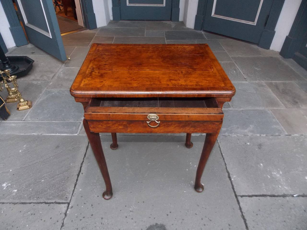 Mid-18th Century English Queen Anne Walnut Feather Banded Side Table, Circa 1730