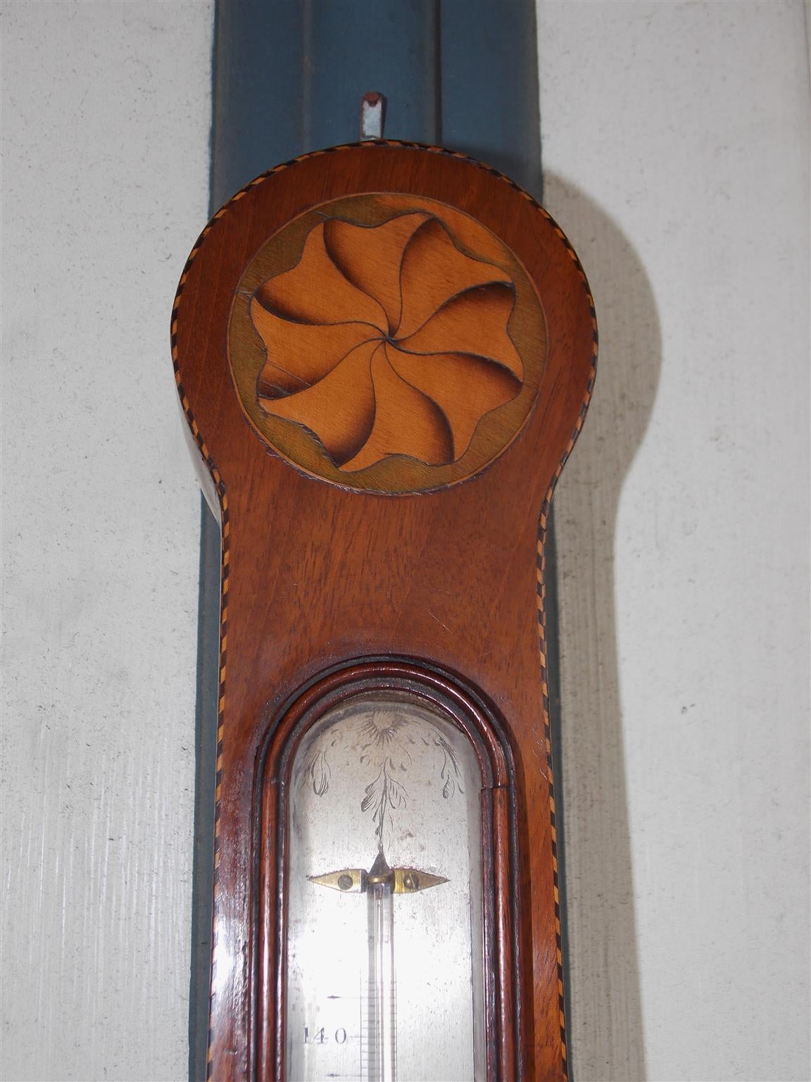 English Mahogany Inlaid Banjo Barometer Signed by Maker J. Cortil, Circa 1810 In Excellent Condition In Hollywood, SC
