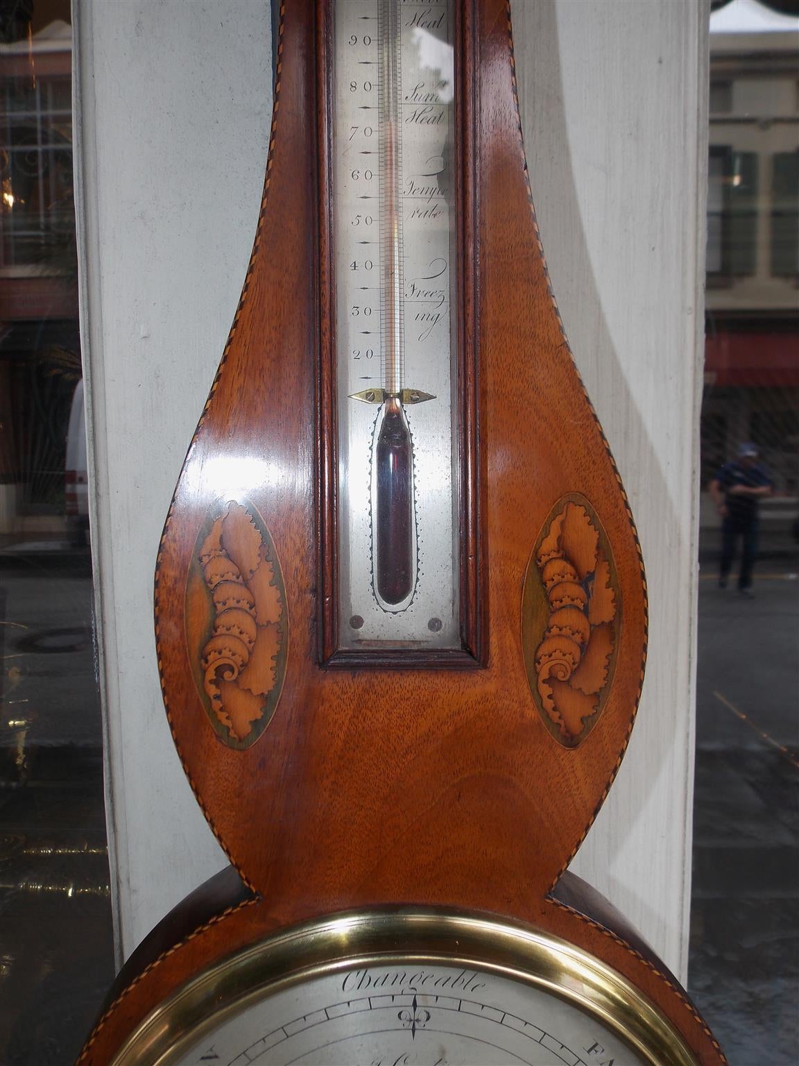 Early 19th Century English Mahogany Inlaid Banjo Barometer Signed by Maker J. Cortil, Circa 1810