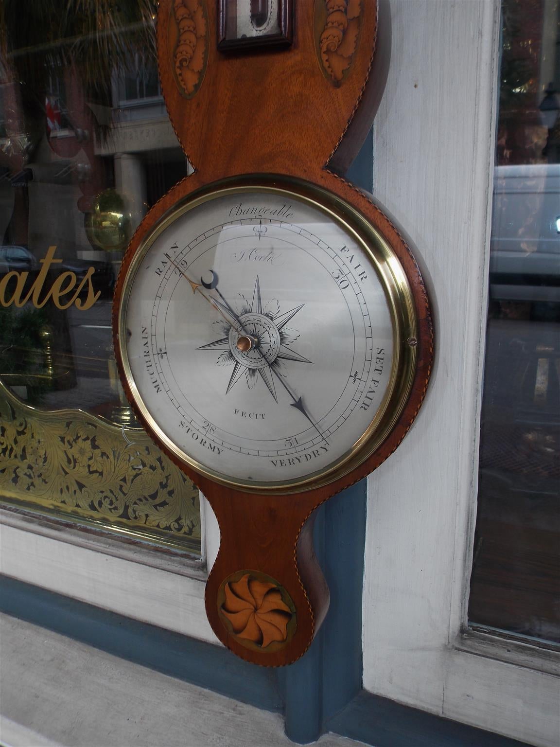 English Mahogany Inlaid Banjo Barometer Signed by Maker J. Cortil, Circa 1810 1