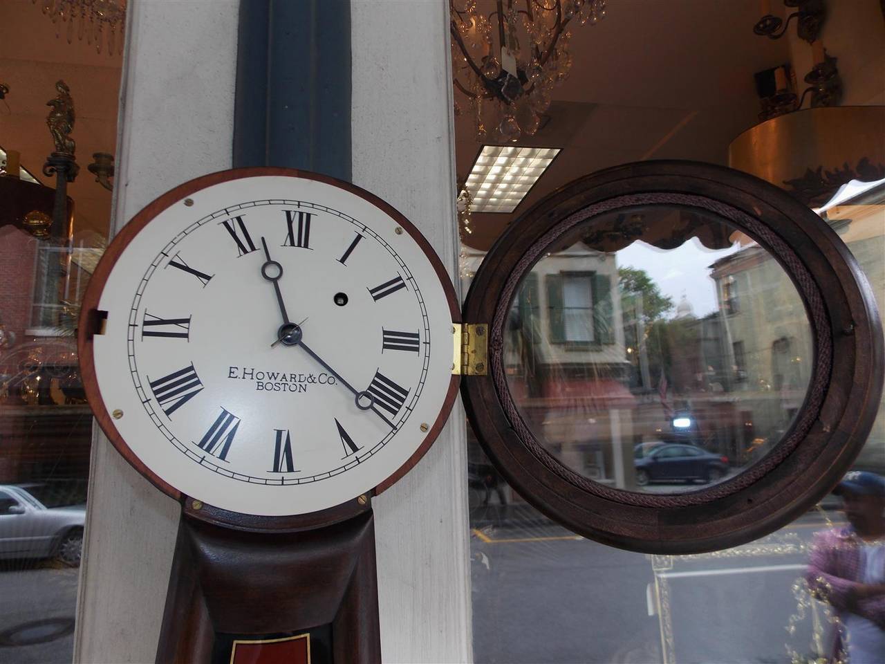 Hand-Painted American Mahogany and Églomisé Banjo Clock, E. Howard, Boston # 5, Circa 1860 For Sale