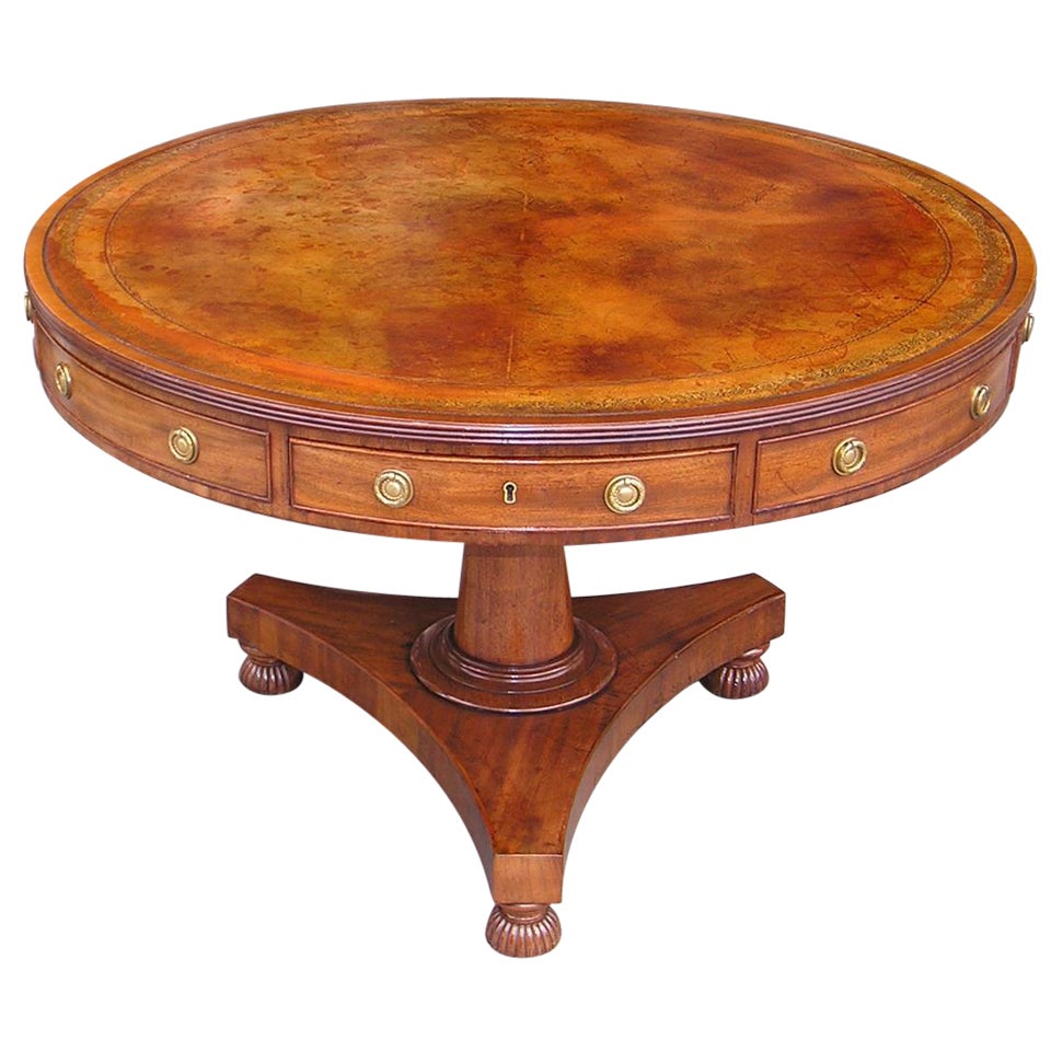 Barbados Mahogany Leather Top Rent Table with Sand Box Feet on Casters, C. 1810 For Sale