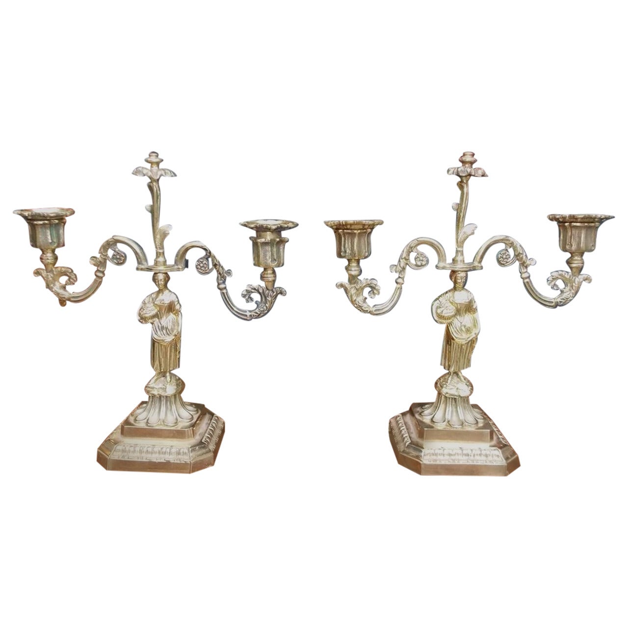 Pair of French Brass Figural and Floral Candlesticks, Circa 1770